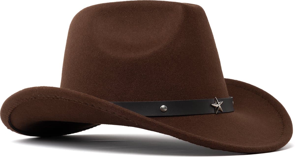 KIMU® Cowboyhoed Donkerbruin Kinderen Ster - Donkerbruine Cowboy Western Hoed Sterretjes Jongen Meisje - Cowgirl Zilveren Sterren Yellowstone Festival