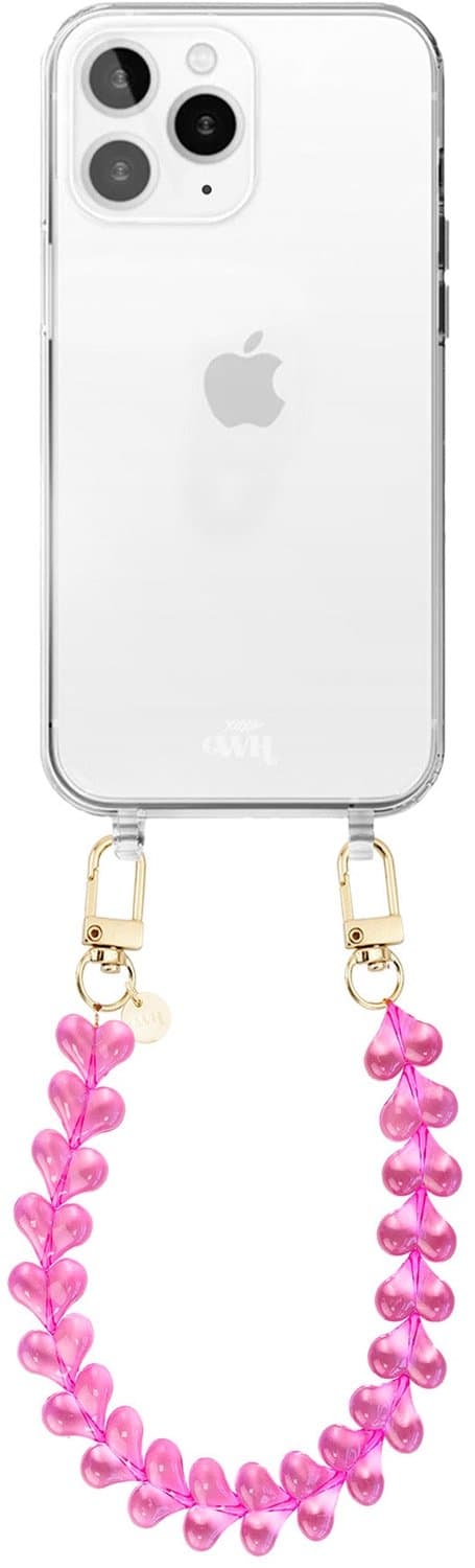 xoxo Wildhearts siliconen hoesje - Geschikt voor iPhone 11 Pro Max hoesje - Funky Hearts - Telefoonhoesje - Hoesje met koord - Transparant roze koord - kort telefoonkoord - Hartjes ketting - Transparant hoesje