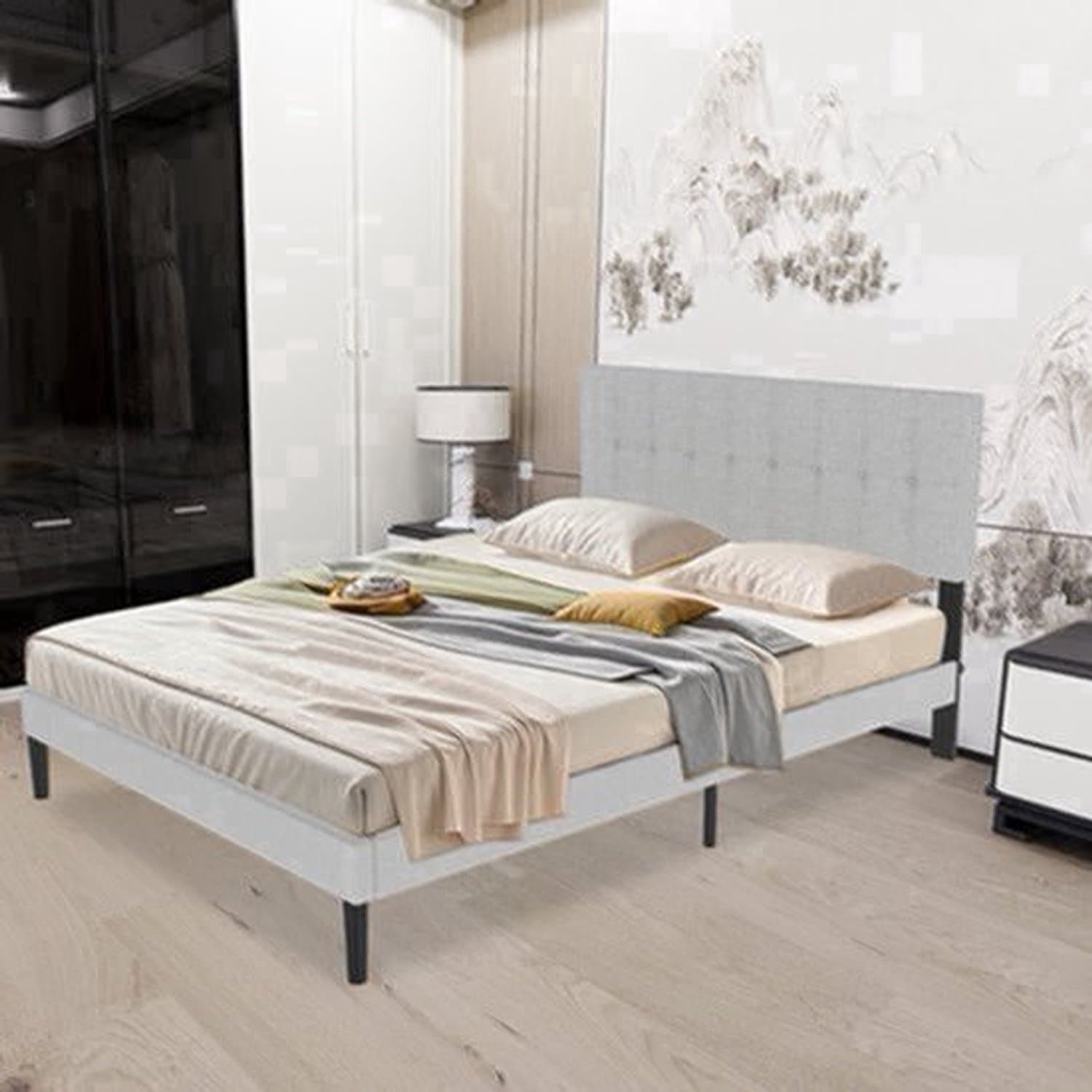 Bedframe – Gestoffeerd Bed – Tweepersoonsbed – Lattenbodem – Slaapbank – Linnen Hoofdbord – Stevig MDF & Massief Hout – Geschikt voor Matras 140x200 cm