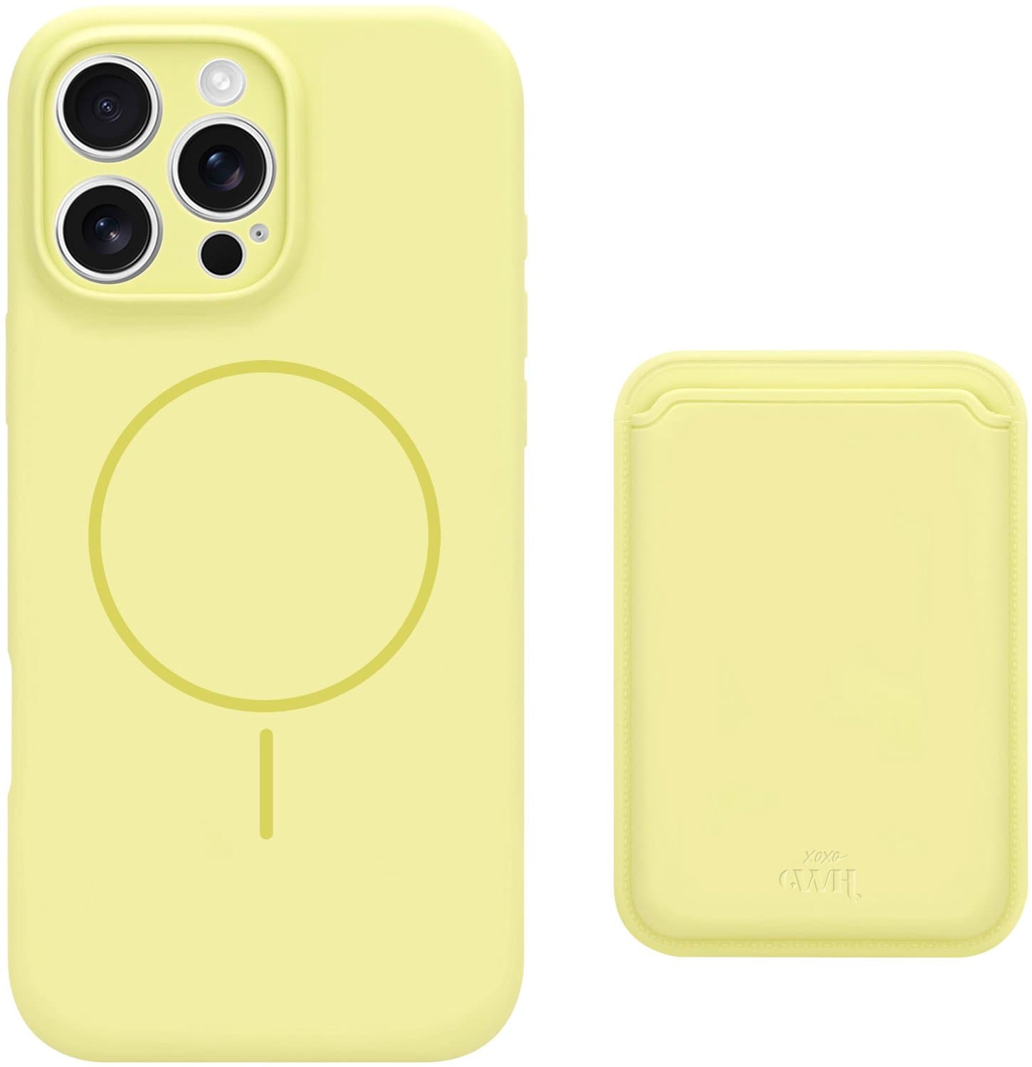 xoxo Wildhearts siliconen hoesje met magnetische kaarthouder (geel) - Geschikt voor iPhone 16 Pro MagSafe - Silicone case met wallet - ruimte voor pasjes - pasjeshouder - shockproof telefoonhoesje