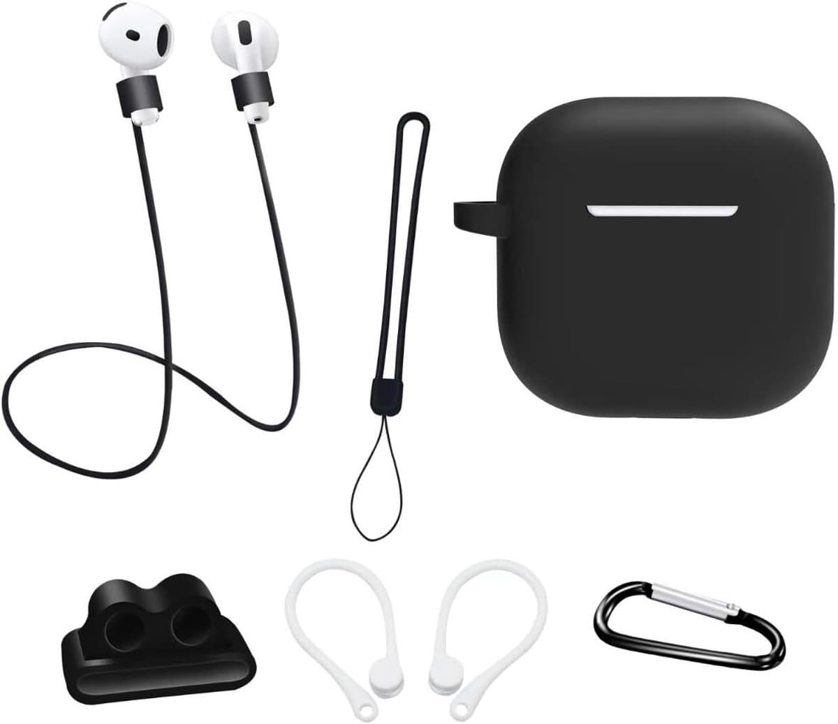 Orivio - Siliconen Airpods 4 Gen hoes met accessoireset, Apple Watch-standaard, sleutelhanger, anti-verlieskoord/oorhaak (zwart)