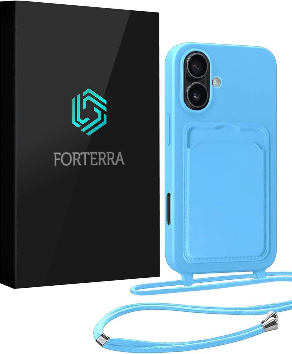 Hoesje Geschikt voor iPhone 16 Pashouder Case Siliconen Hoes Met Koord - Hoes Geschikt voor iPhone 16 Met Telefoonkoord Hoesje Back Cover Met Pasjeshouder - Lichtblauw