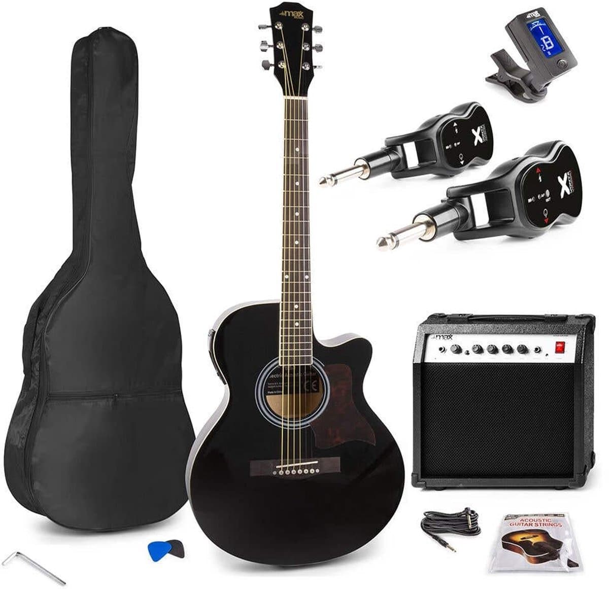 MAX Showkit draadloze elektrische akoestische gitaarset 4/4 - Met zender, ontvanger en toebehoren - Zwart