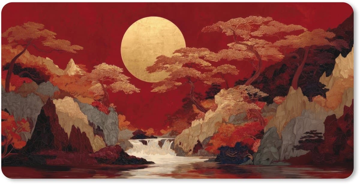 Muismat XXL 90x45 cm - Bureau onderlegger - Bureau mat Volle maan - Landschap - Waterval - Bureaumat - Gaming mousepad xl - Bureaulegger groot - Computer deskmat