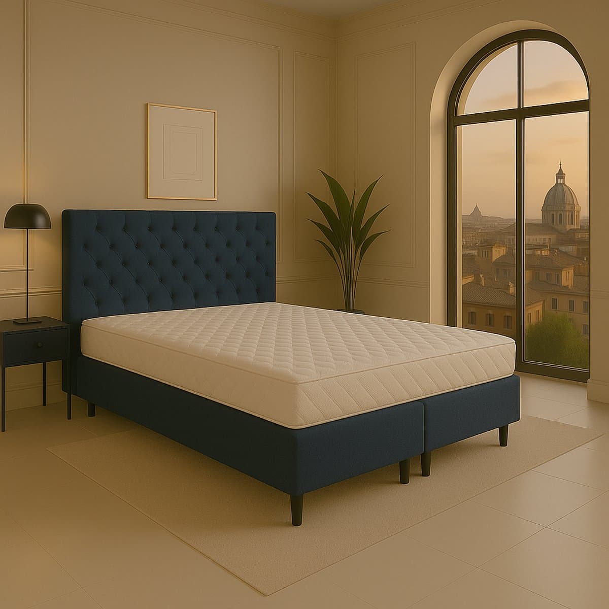 Boxspring vlak Roma 180x210 cm Luxe Pocketvering Stof donkerblauw Gratis 2x Hoofdkussens