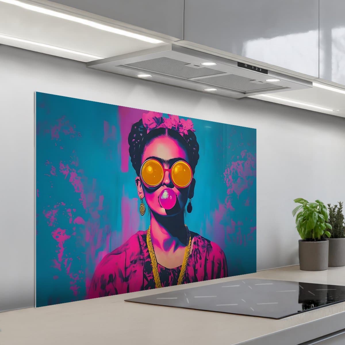 Spatscherm 100x65 cm - Zelfklevende achterwand Vrouw - Kauwgom - Zonnebril - Oranje - Keuken muurbeschermer - Spatwand fornuis
