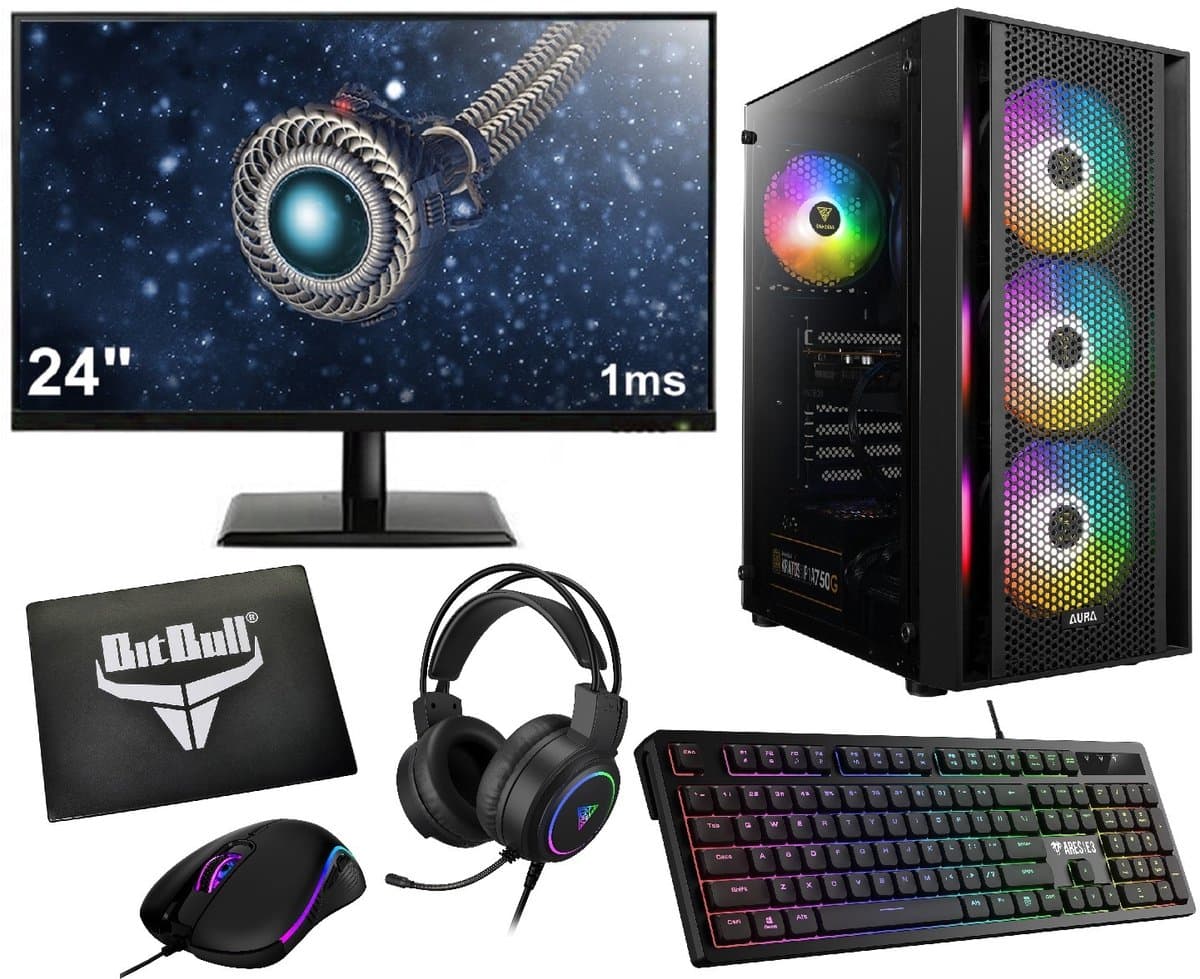 Complete Ryzen 5 6-Core RTX 3050 Mid-Range Game PC Setup met 24" Gaming Monitor, Toetsenbord, Muis en Headset - 1TB SSD - 16GB RAM - WiFi 6 / Bluetooth 5.4 - Win11 PRO