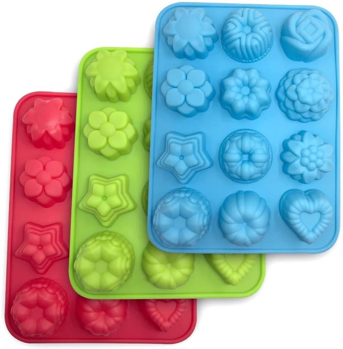 Daity Set van 3 siliconen bloemvormen voor het bakken - Antiaanbaklaag, ontwerp met 12 gaatjes, perfect voor cupcakes, muffins, chocolaatjes, gelei, pudding en snoep (blauw, groen, rood).