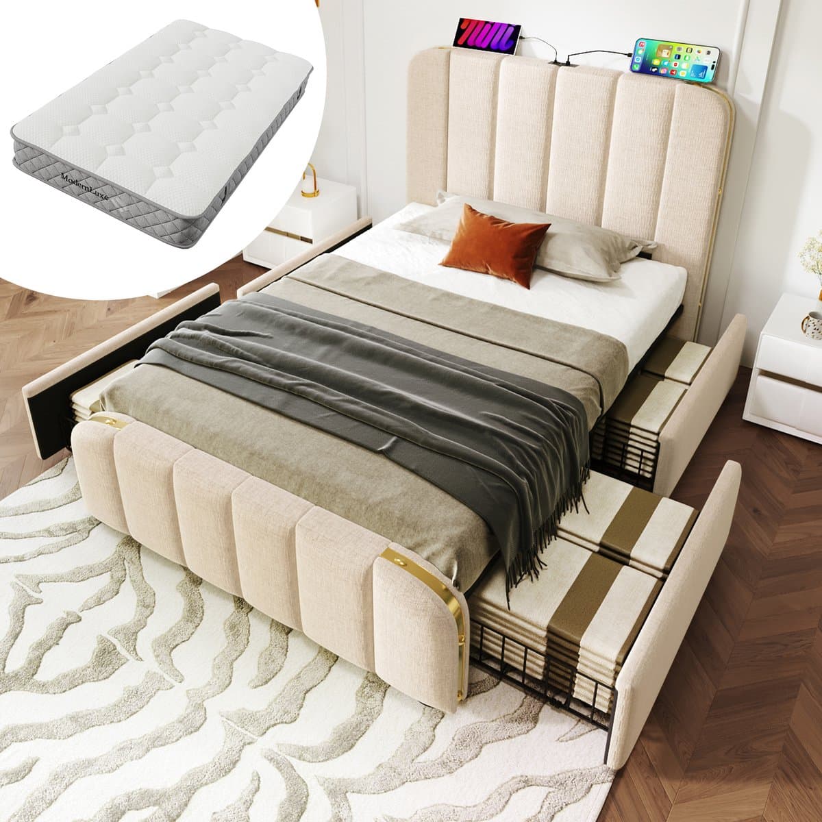FloraGrace Gestoffeerd Bed 90x200 cm – Met USB En Type C Oplaadpunt – Met 4 Lades En Opbergruimte – Met Matras – Linnen – Beige