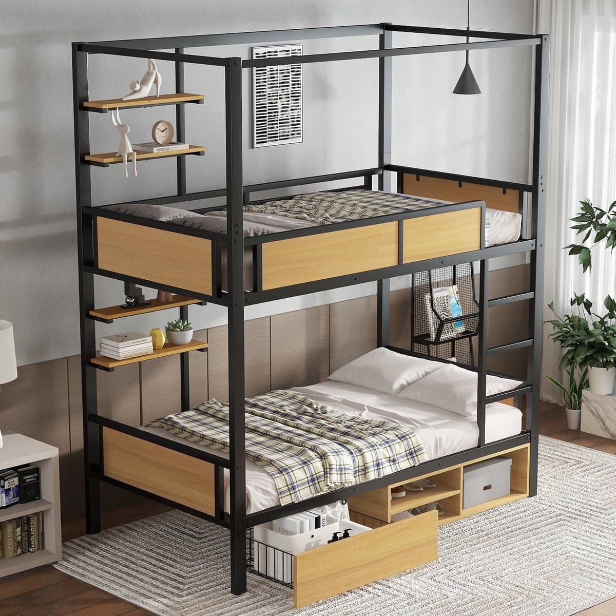MODENUIT Stapelbed 90x200 cm – Met Trap en Veiligheidshek – Met Opbergplanken en Laden – Zonder matras – Zwart/Naturel