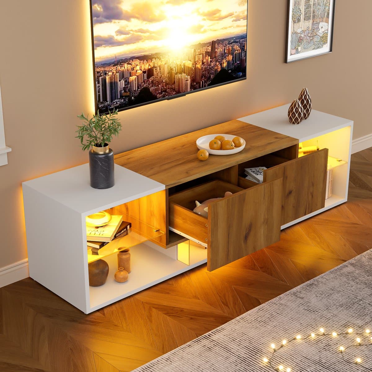 FloraGrace Tv Meubel - Dimbare Led Verlichting Met Afstandsbediening - 3 Niveaus Met Glazen Legplank En 2 Lades - Spaanplaat - 160x40x42 Cm - Wit Eiken
