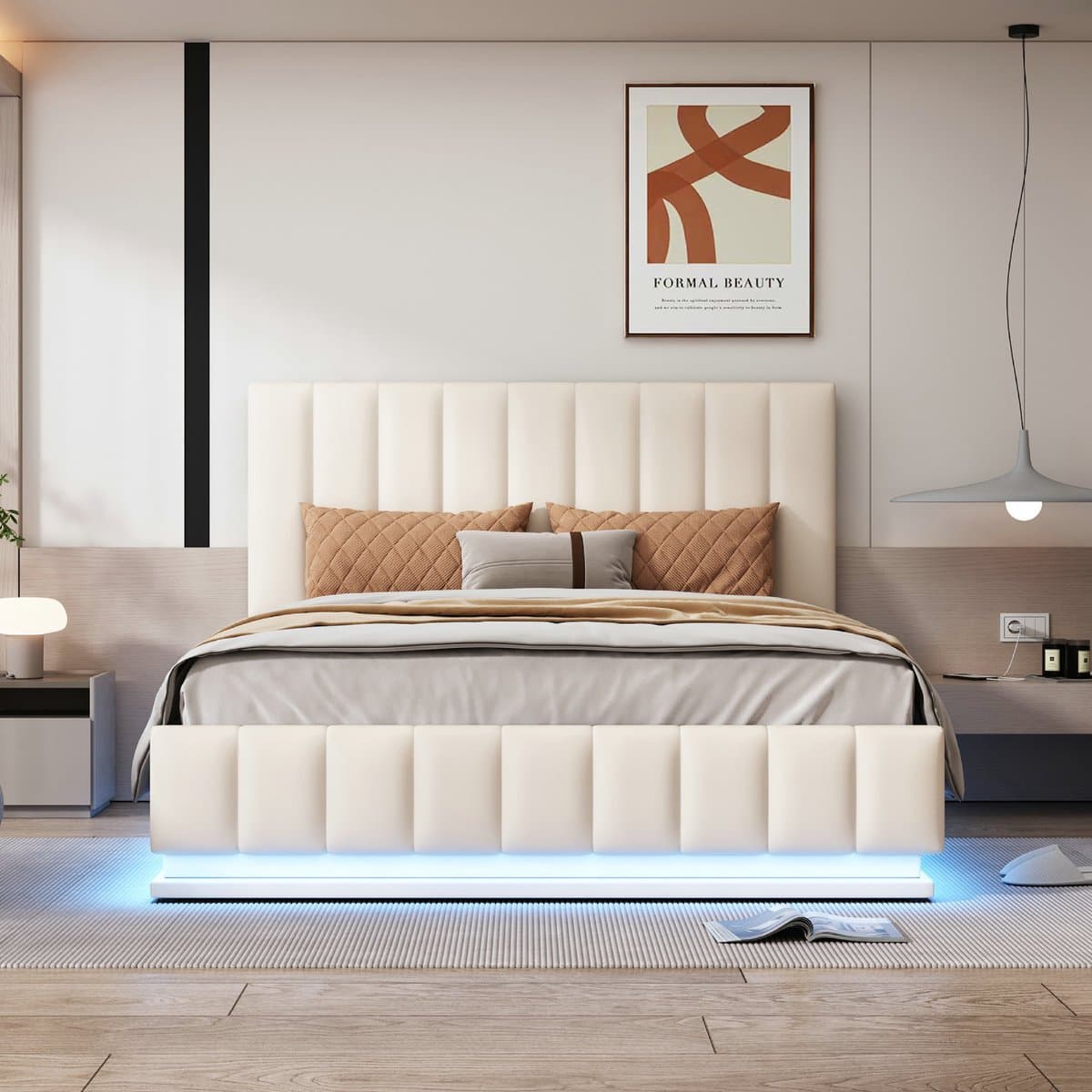 Gestoffeerd bed met opbergruimte en hydraulische hendel - Bed met opbergruimte en led-verlichting en hoofdbord - Metalen lattenbodem - 140x200cm - Wit(Matras niet inbegrepen)