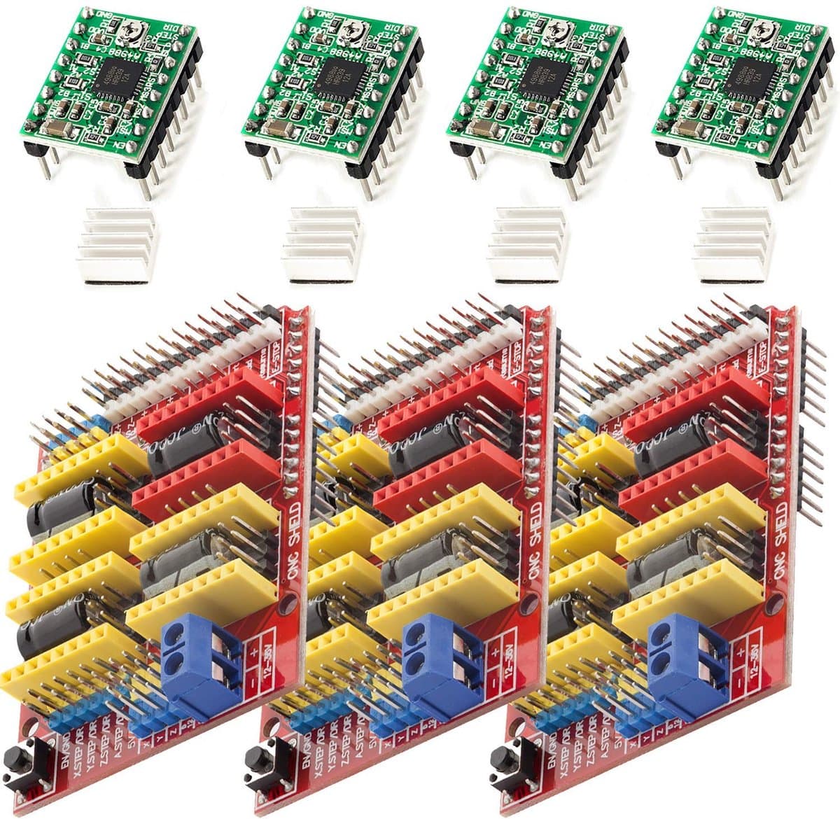 AZDelivery 3 x CNC Schild V3 Bundel met 4 stuks A4988 Driver Stappenmotor met Koellichaam compatibel met Arduino Inclusief E-Book!