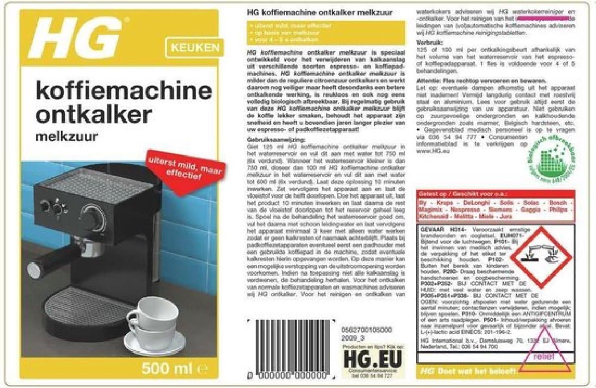 HG koffiemachine ontkalker melkzuur - 500ml - voor alle koffiemachines - voor 4-5x ontkalken