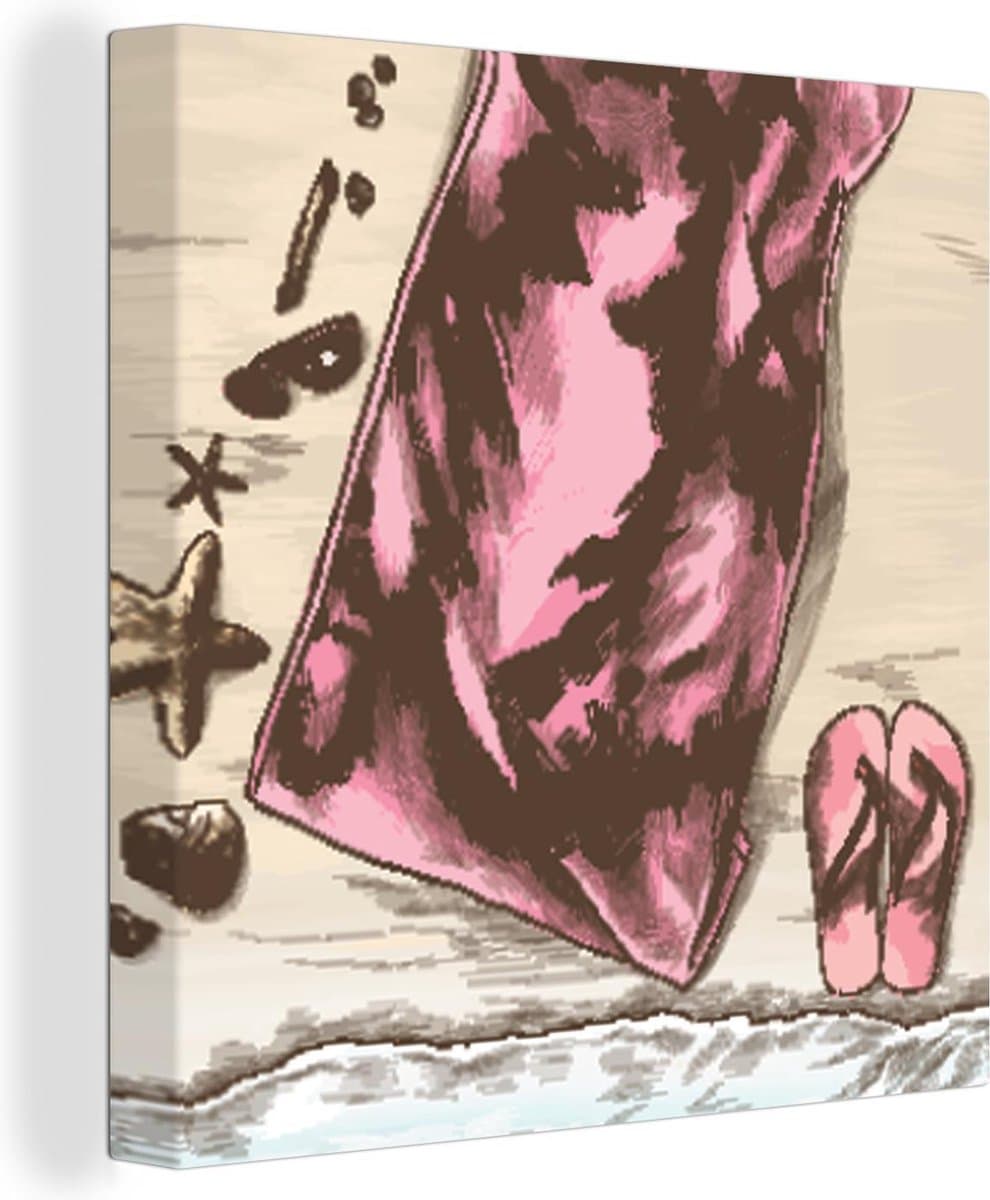 Canvas Schilderij Handdoek - Strand - Slippers - 50x50 cm - Wanddecoratie