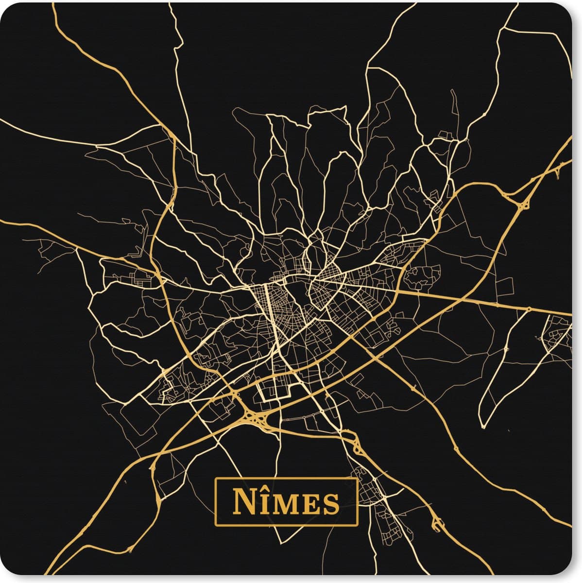 Muismat XXL 60x60 cm - Bureau onderlegger - Bureau mat Kaart - Nîmes - Goud - Zwart - Bureaumat - Gaming mousepad xl - Bureaulegger groot - Computer deskmat