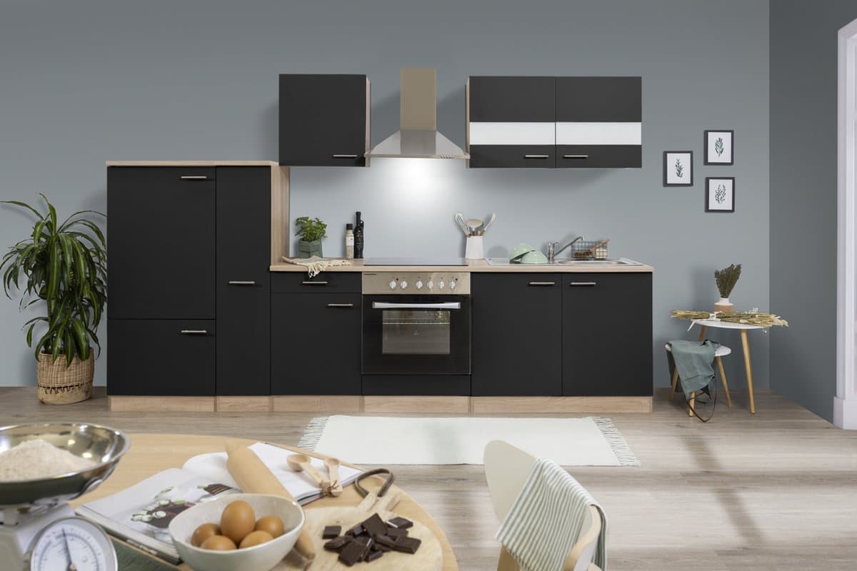 Goedkope keuken 300  cm - complete keuken met apparatuur Merle  - Eiken/Zwart - soft close - keramische kookplaat    - afzuigkap - oven    - spoelbak