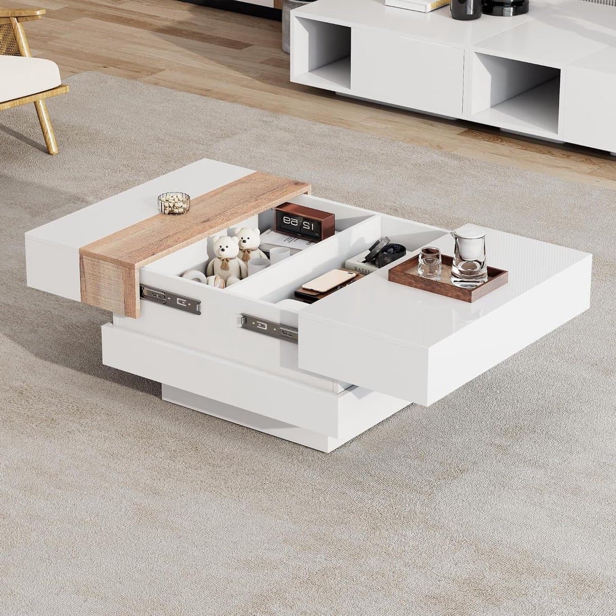 Salontafel Vierkant - Koffie Tafel - Woonkamer Decoratie - Schuifbladen Met Opbergruimte - 70 x 70 x 39 cm