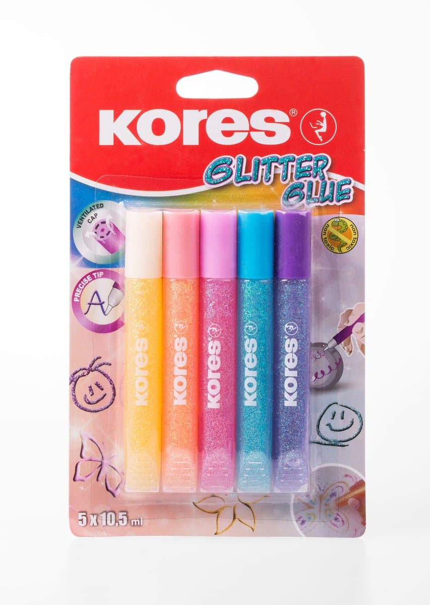 Kores Glitterlijm Pennen 5 Kleuren Lijm - 5 x 10,5 ml