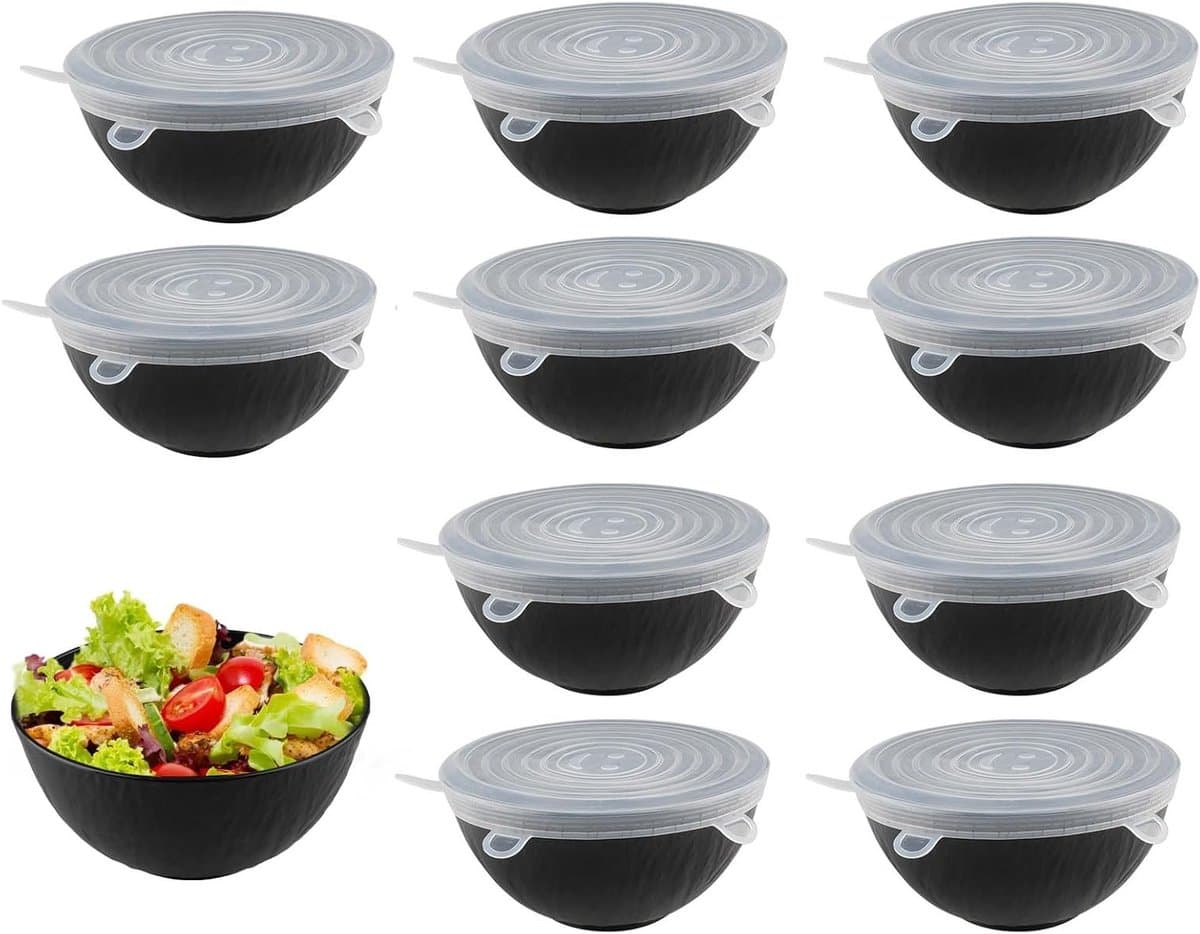 Set van 10 kunststof ontbijtkommen met 10 siliconen deksels, ideaal voor soep, salades en opslag in de koelkast