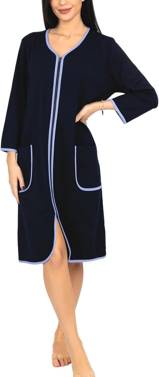 Dames Badjas Kamerjas met Rits 3/4 Mouwen Lichte, Donkerblauw, 5XL