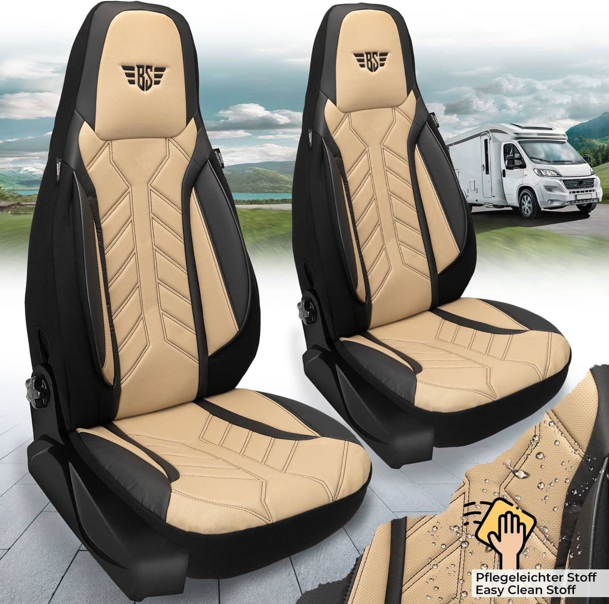 Premium Camper stoelhoezen voor LMC Innovan / Active DPL507 in Zwart/Beige (2 losse stoelen)