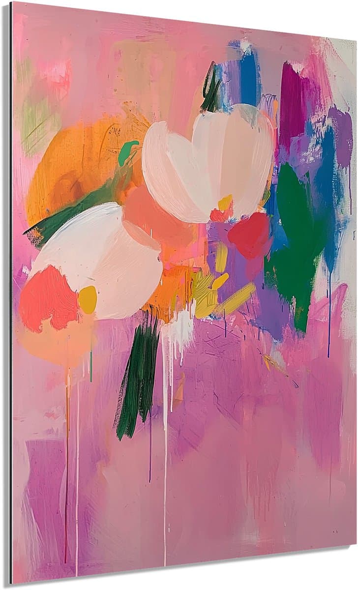 Pastel bloemen op roze - Schilderij 70x100 cm - Wanddecoratie op Aluminium Dibond - Aluminium Wandpaneel