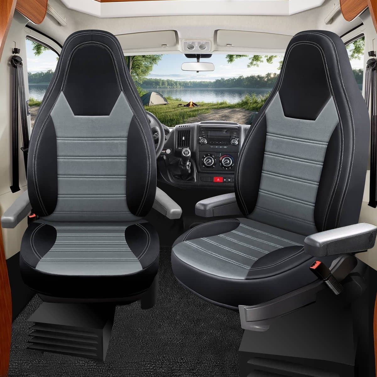 Premium Camper stoelhoezen voor Adria Coral Compact HW1 in Zwart/Donkergrijs (2 losse stoelen)