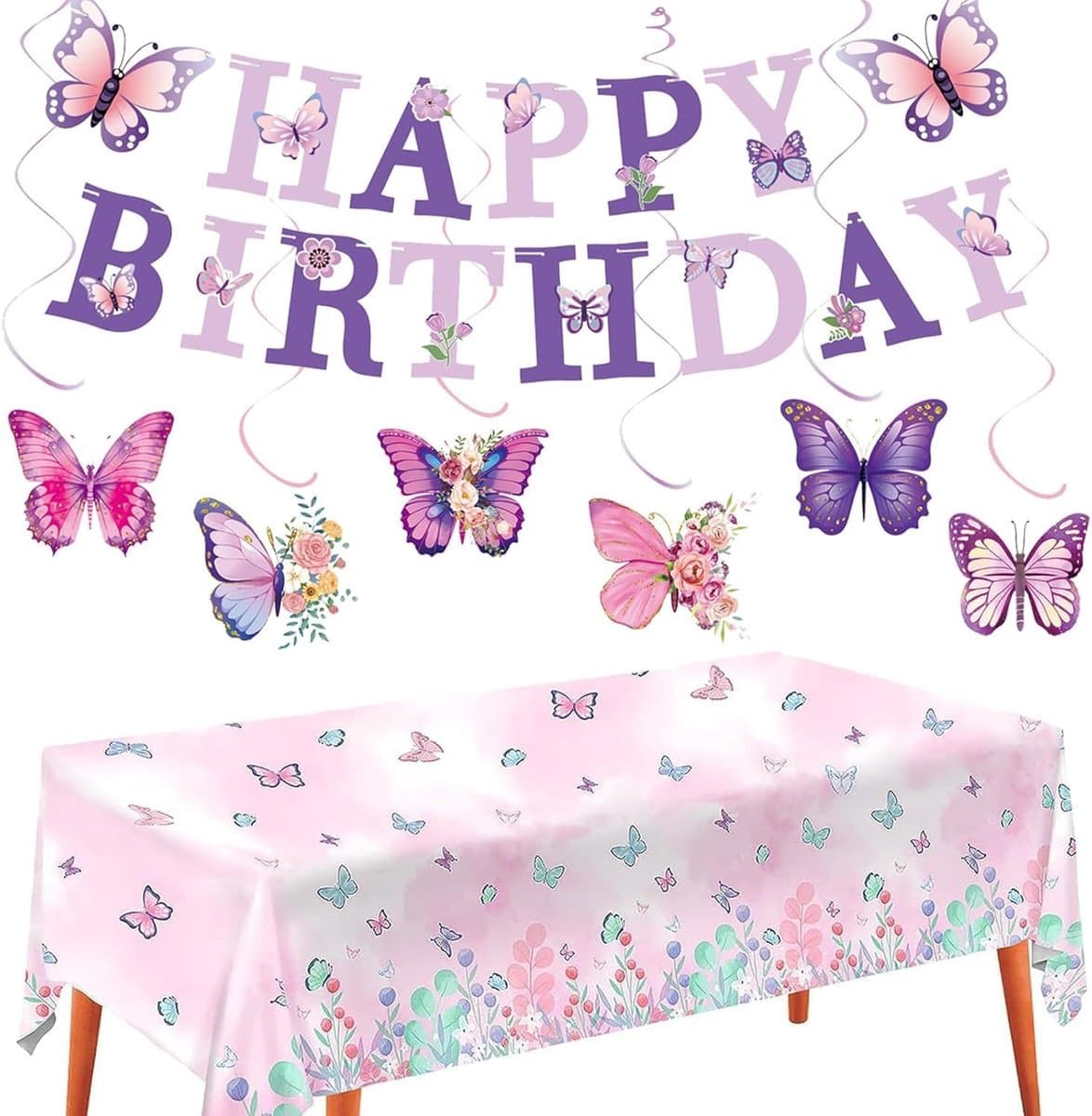 Verjaardagsdecoratie paarse vlinders - feestelijke slinger en tafelkleed - vrolijke versiering voor meisjes - ShopVlot