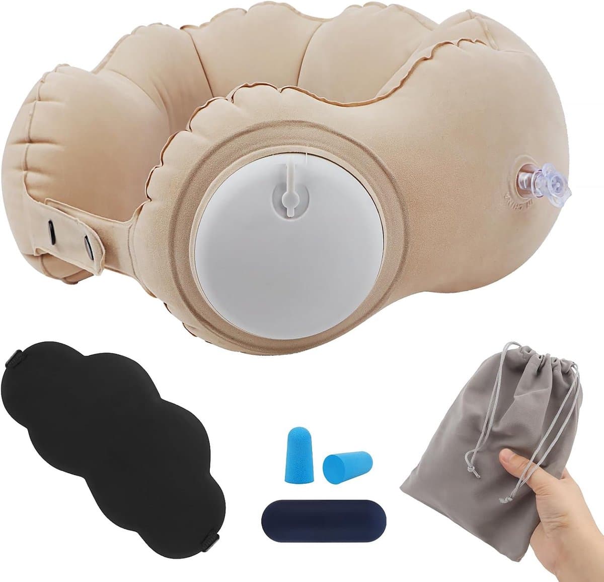 Thijox - Opblaasbaar Nekkussen U-vorm met Oogmasker en Oordopjes voor Vliegtuig, Auto en Trein - Lichtgewicht Reisaccessoire Bruin met Drukpomp