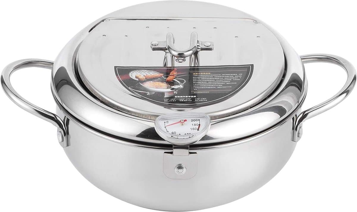 Mini-roestvrijstalen braadpan in Japanse stijl, temperatuurgestuurde Tempura braadpan voor het huishouden, compatibel met gasfornuis, inductiekookplaat en elektrisch fornuis (20 cm)