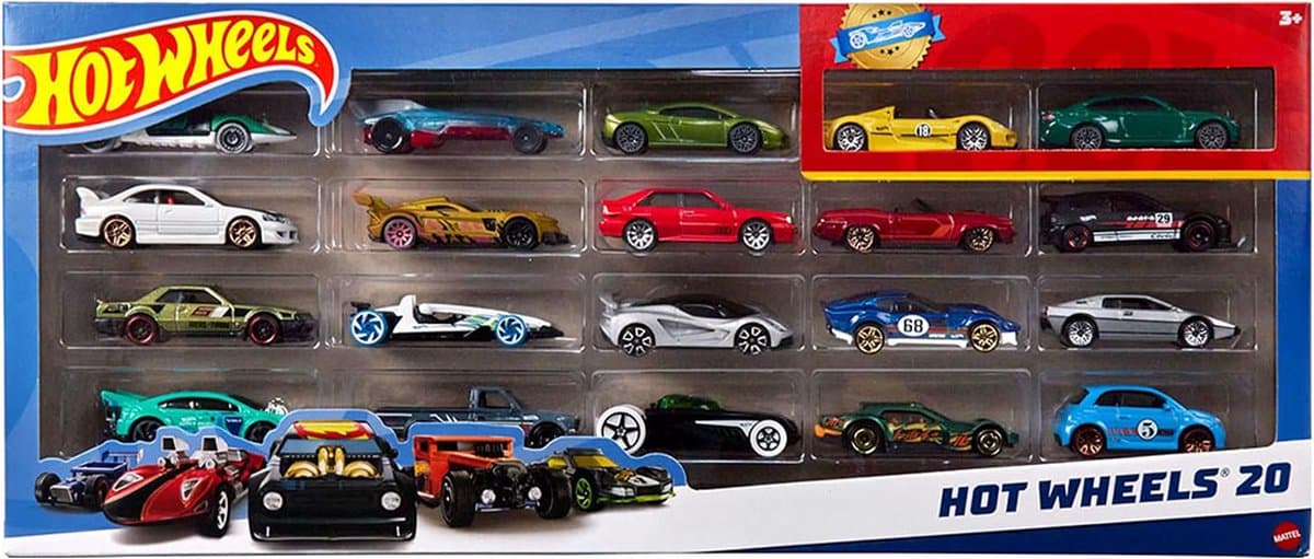 Mattel Games, Set van 20 Hot Wheels 1/64 schaalmodelvoertuigen, Veelkleurig