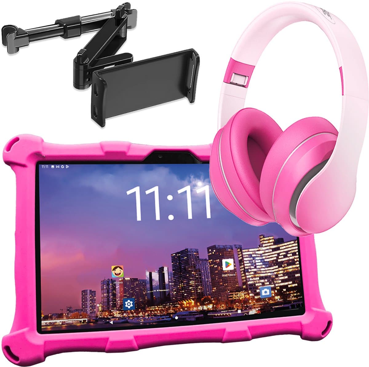 AngelTech Luxe OnderwegPakket XL PRO II – Kindertablet XL PRO II Roze + Kinderkoptelefoon + Tablethouder - Android 16 - Kindertablet Vanaf 3 Jaar – Kinder Tablet – Kids Tablet - Tablet voor Kinderen