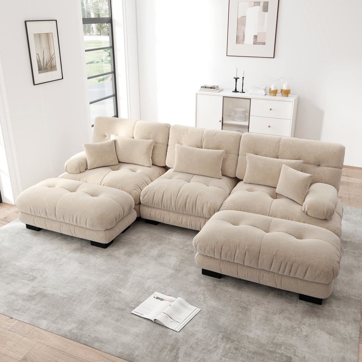 MODENUIT Hoekbank - Modulaire U-Vorm Met Verplaatsbare Ottoman - Voor Woonkamer En Kantoor - Chenille Lichtbruin