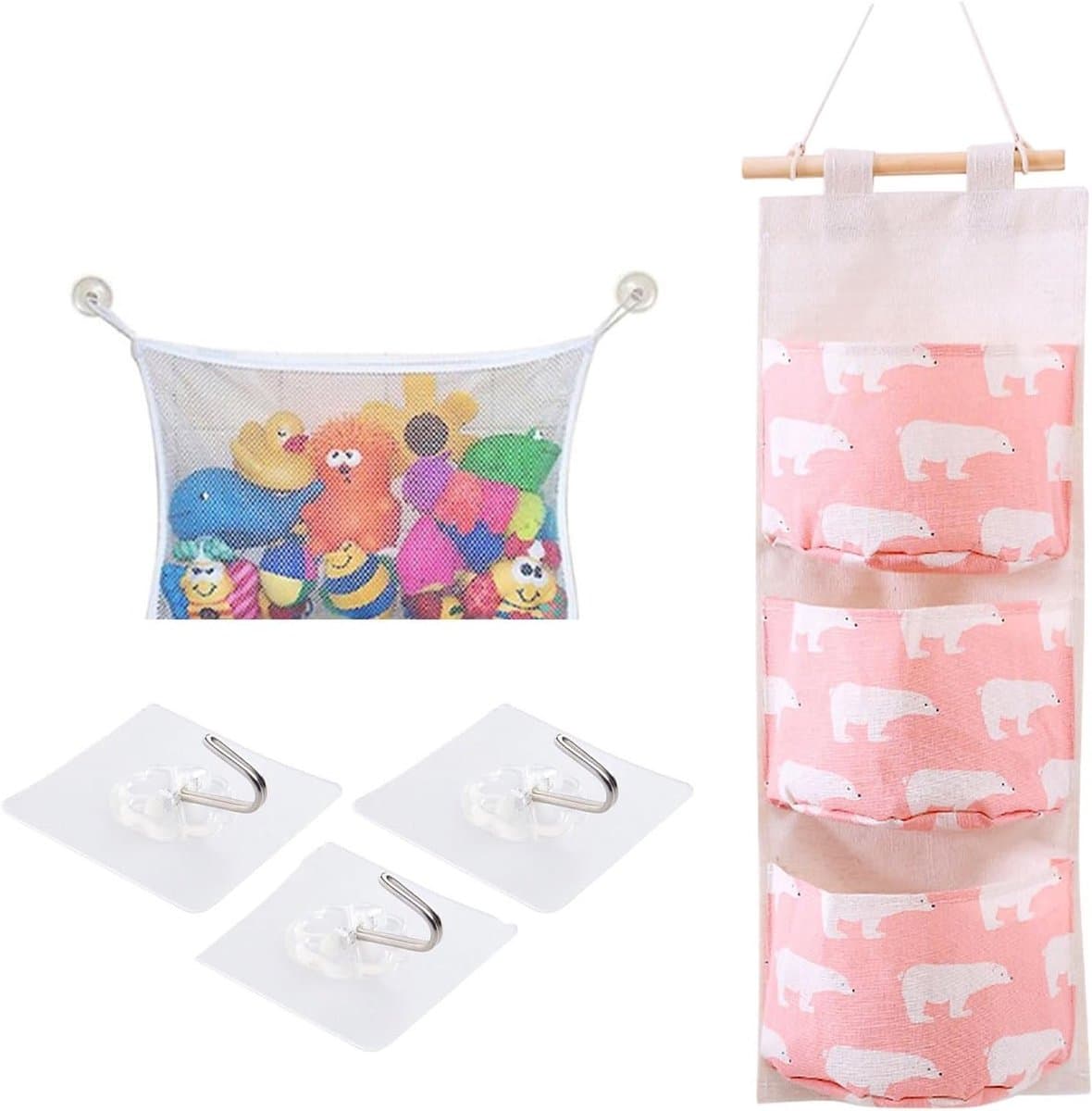 Hangende opbergzak met vakken voor wandmontage, waterdicht, ideaal voor kinderkamer en slaapkamer, inclusief mesh pocket en zelfklevende haken voor extra opbergruimte