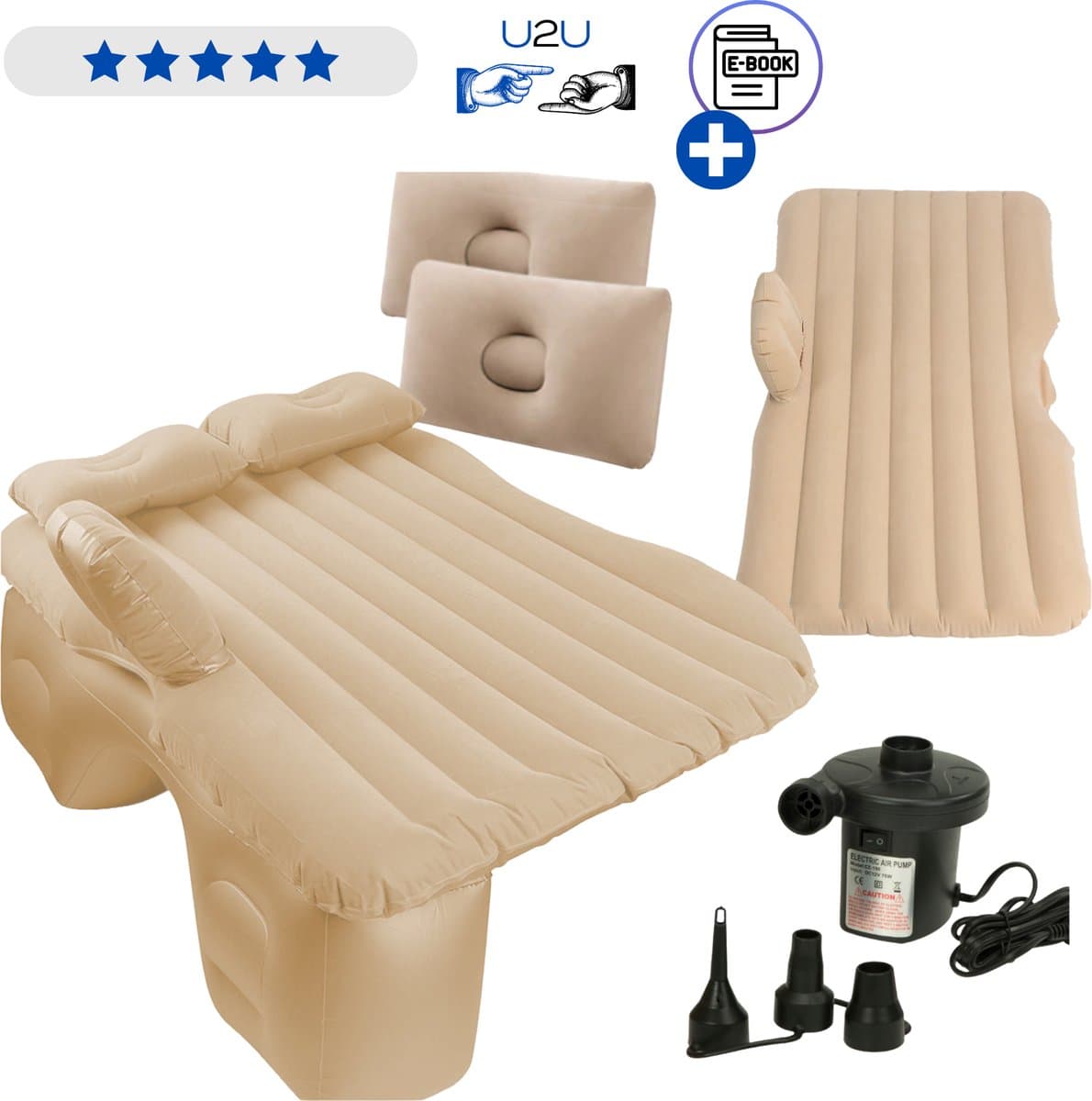 Opblaasbaar Automatras 130x80 cm - Auto Luchtbed voor Achterbank met Elektrische Pomp en Kussens - Reis Matras voor Kamperen Roadtrip Vakantie en Autocamping - Velours Slaapmat met Draagtas en Reparatieset - Belastbaar tot 300 kg Met Ebook