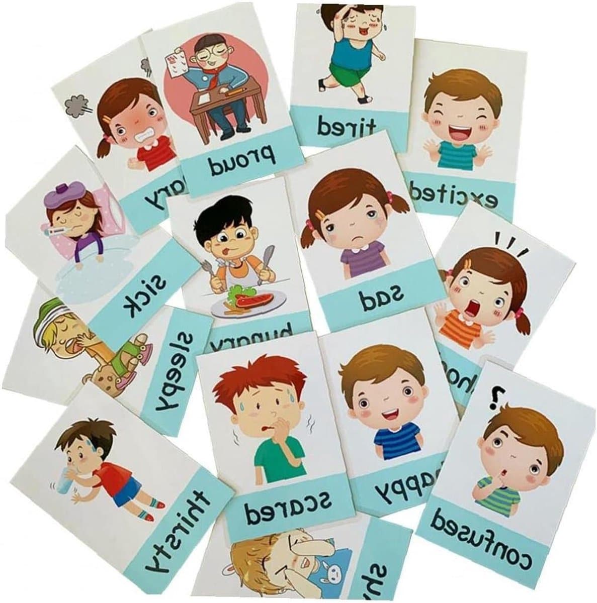 Baby Leerkaarten - Emotie Kaarten - Taal Ontwikkeling - Vrolijke Cartoons - 14 Stuks - Multicolor