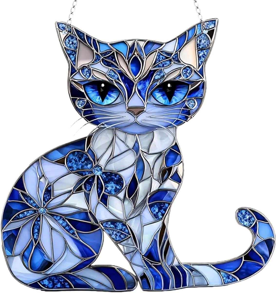 Katten Zonnevanger - Kat Decoratie - Raam Versieren - Glas-in-lood Effect - 20 cm - Blauw Wit