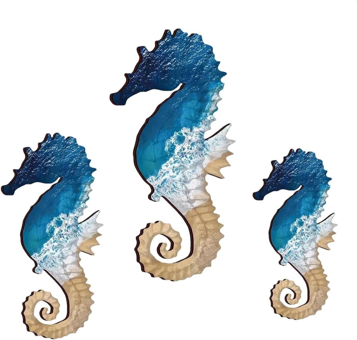 Houten Zeepaardje Decor - Zeeleven Sculptuur - Muur Decoratie - 3-delige Set - 39.1 x 22.2 cm - Meerkleurig