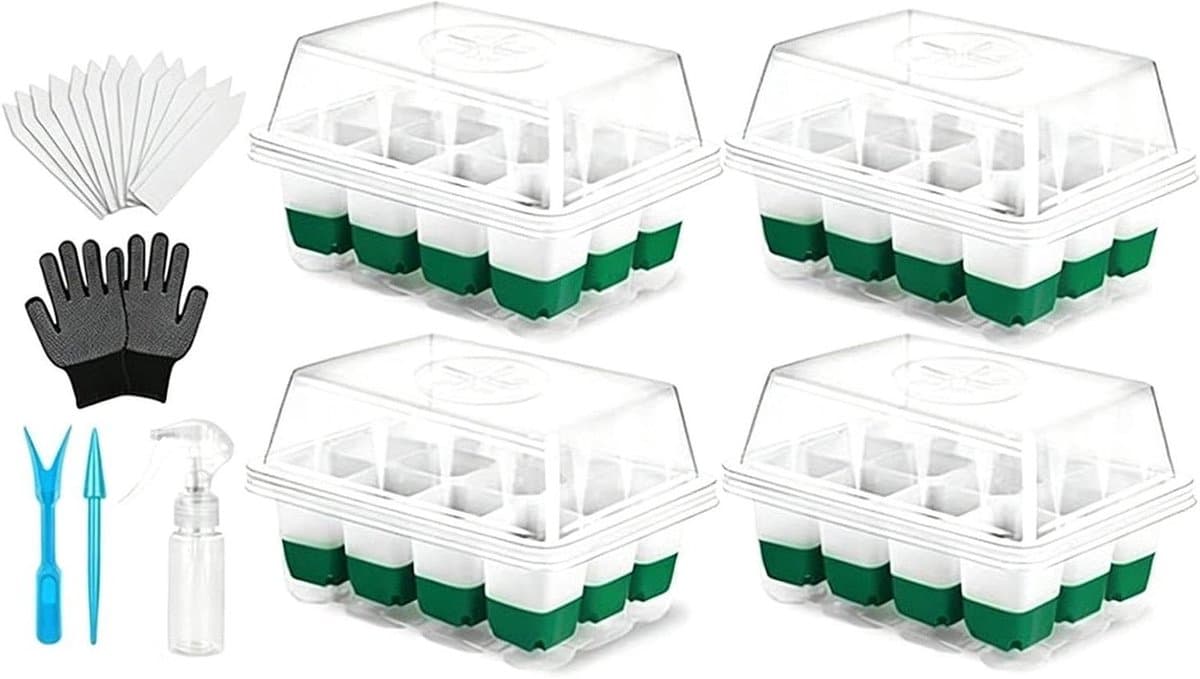 Genérico Zaailingstabletjes, geventileerde koepels met 12 herbruikbare universele cellen, trays met drainage en kieming voor planten, voor tuin, binnenplaats, balkon, gazon en