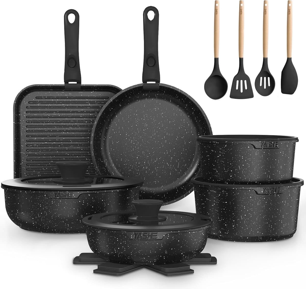 YASHE pannenset 21-delig - anti-aanbak graniet coating - afneembare handgrepen - inductie en oven - grijs