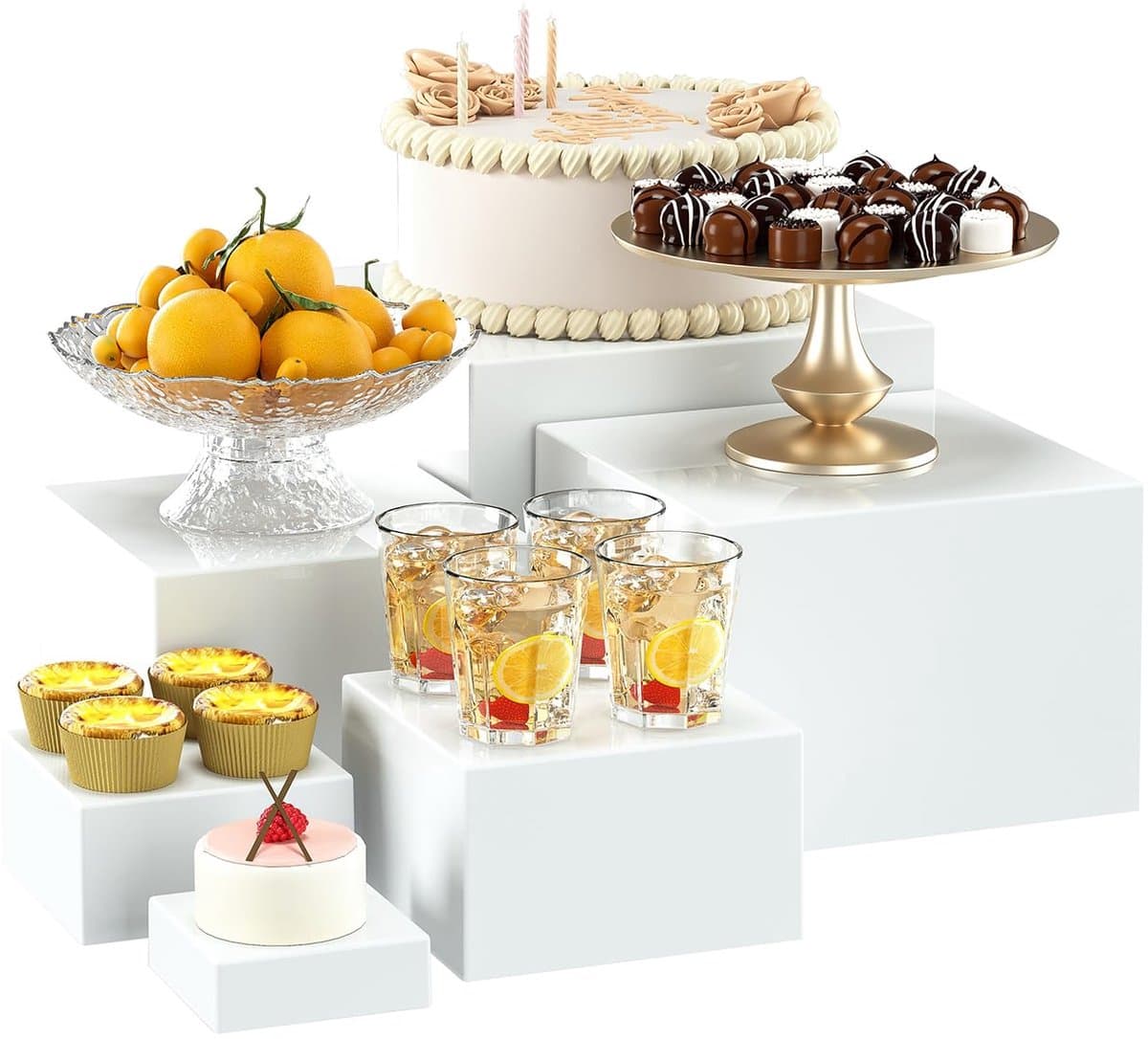 6 stuks witte buffetstandaards - voedselverhogers voor buffettafels - acryl kubusvormige displaystandaards met holle bodem - voedseldisplaystandaard voor feestartikelen, sieraden, desserts en beeldjes (afmetingen 8", 7", 6", 5", 4", 3")