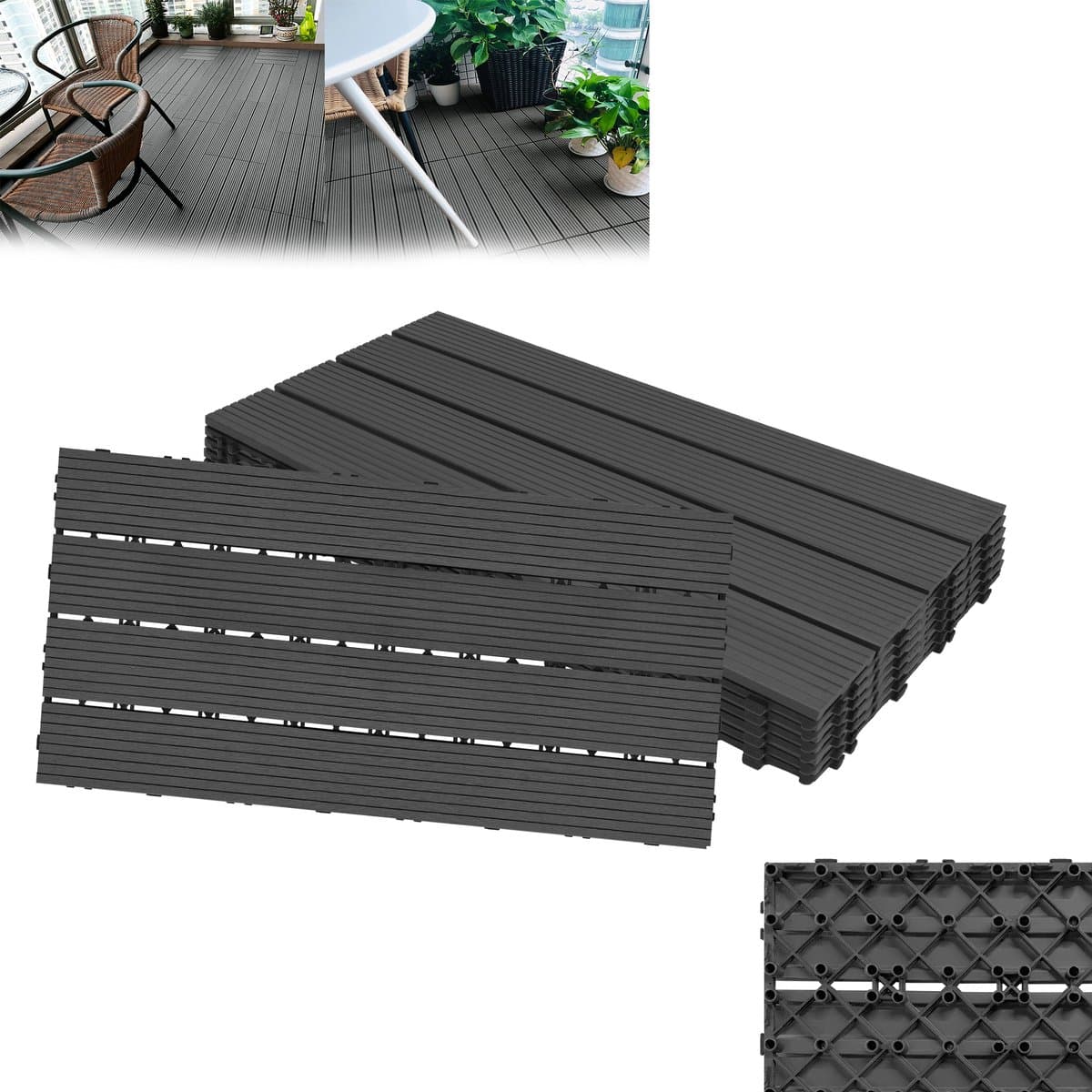 Froadp 24 stuks WPC-tegels 30 x 60 cm, WPC-kliktegels, 4 m², balkontegels, terrastegels, tegels met houtlook, terrasplanken voor balkon, antraciet