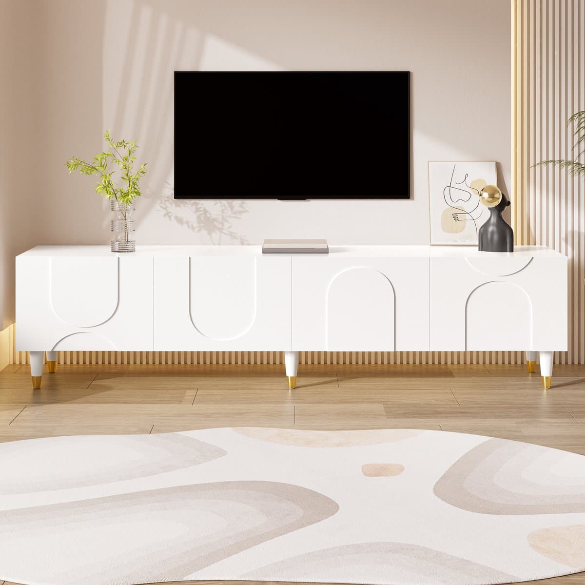 MODENUIT Tv-Meubel - Asymmetrisch Boogreliëf Met 4 Deuren En Kabeldoorvoer - Wit MDF En Spaanplaat - 180x40x50 Cm