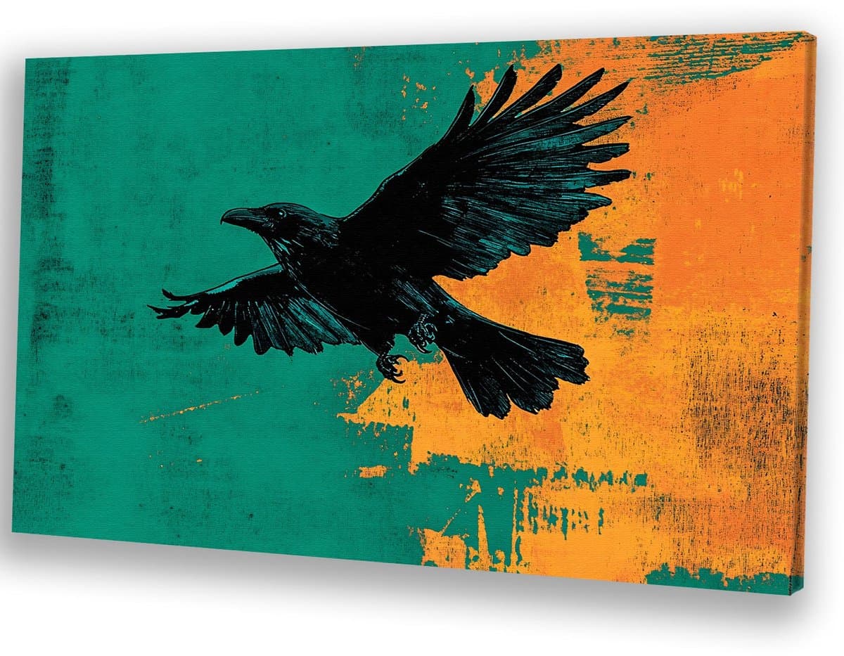 Silhouet raaf met kleurrijke achtergrond - Vogel canvas schilderij - Kunstwerk raaf - Silhouet - Schilderijen op canvas industrieel - Kantoor accessoires - Canvas 100x75 cm