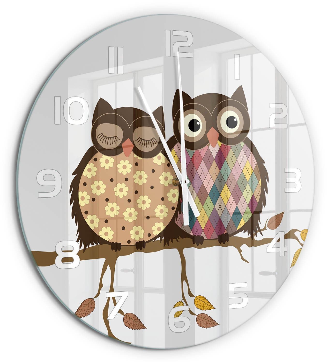 Tulup Wandklok - Twee uilen op een tak Gekleurde Glazen Klok - fi60 cm - Bruin Glazen Klok Met Print - Witte handen - Ronde Klok - Moderne Wandklok Glas - Wandklok Glas Decoratie