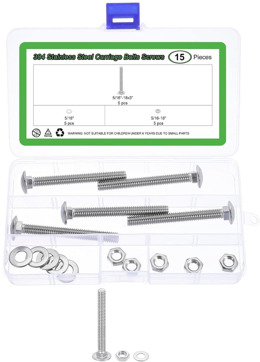 5-delige set schroeven en moeren voor carrosserie 5/16"-18x3" roestvrij staal 304, ronde kop, vierkante hals, carrosserieschroeven en sluitringen, zilverkleurig