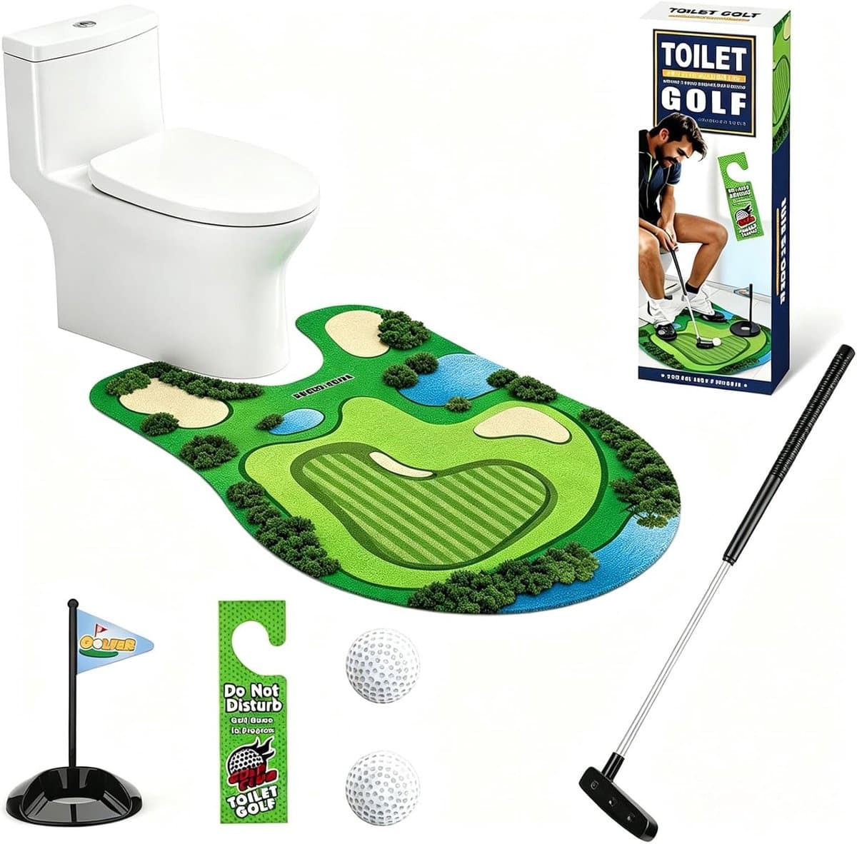 Leuke Mini Golf Set voor het Toilet met Schaalbare Golfclub, Putting Mat en 2 Golfballen - Perfect Cadeau voor Mannen, Vaderdag, Verjaardag en Kerstmis