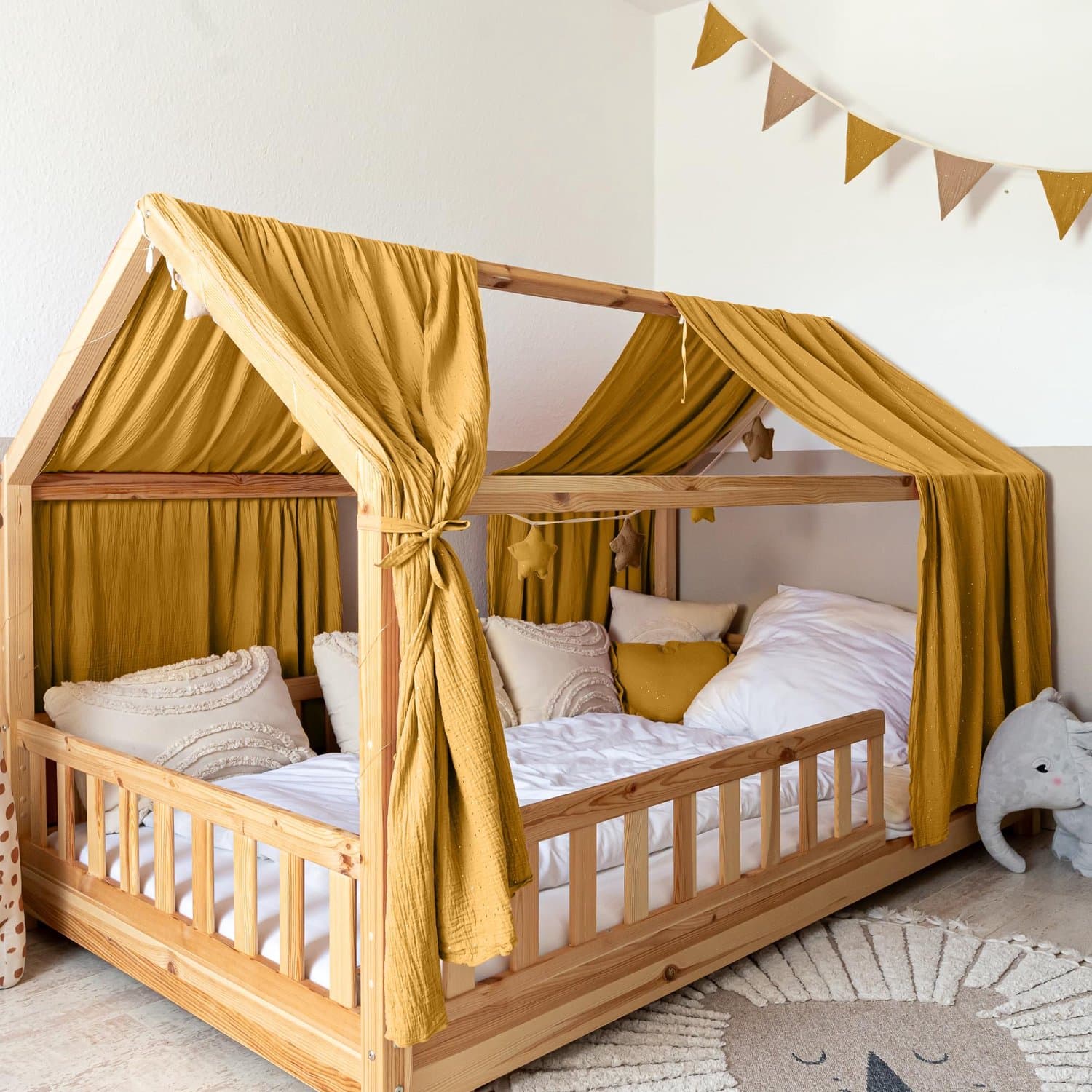 LILIMAUS Huisbed hemeltje met gouden details - bedhemel voor huisbed - 135 x 320 cm - mousseline katoen - geel