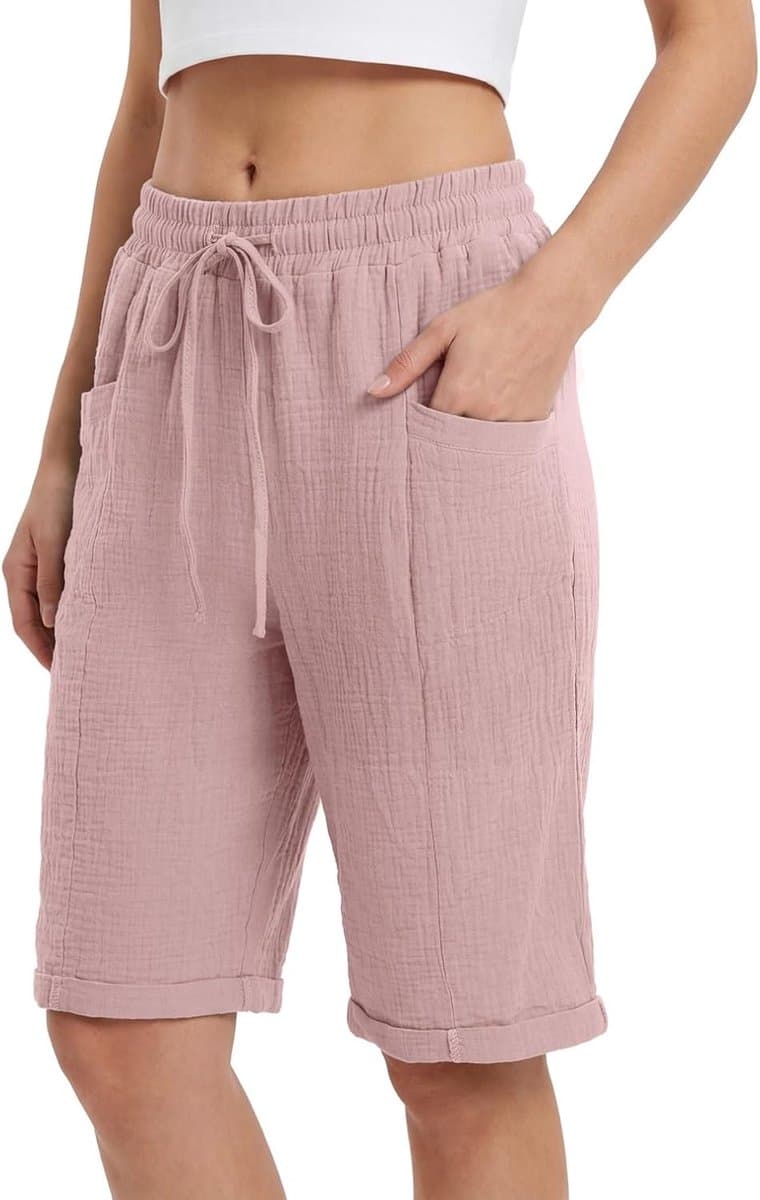 katoenen bermuda shorts voor dames, hoge taille, comfortabele zomershorts met zakken en trekkoord, strandbroek, korte vrijetijdsbroek